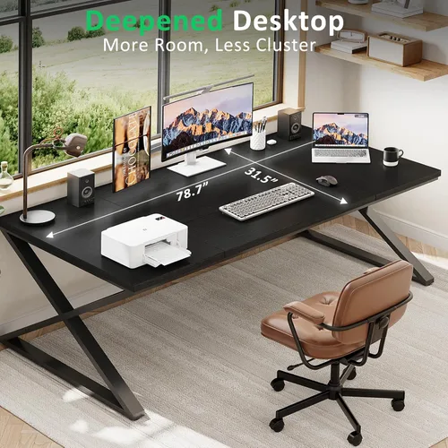 Miniatura 6 de IBF Escritorio Negro, Escritorio de Trabajo Grande para Oficina en Casa, Escritorios de Computadora de 78.7" de Largo, Escritorio de Estudio y Roble