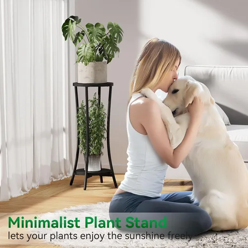 Miniatura 4 de IBUYKE Soporte para plantas de 30 pulgadas de alto para interiores, soporte de esquina de madera de 2 niveles, estante redondo moderno para plantas