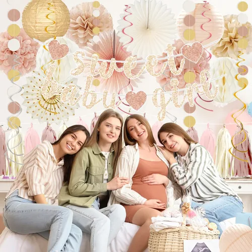 Miniatura 6 de Conjunto de decoraciones para baby shower de otoño en tonos champán-dorado y beige - Dulce cartel de Baby Girl, linternas de papel blanco