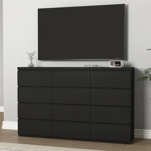 Miniatura 7 de Cómoda negra de 12 cajones para dormitorio, cómoda moderna con cajones profundos de 63 pulgadas, cómoda de almacenamiento ancha y larga, muebles