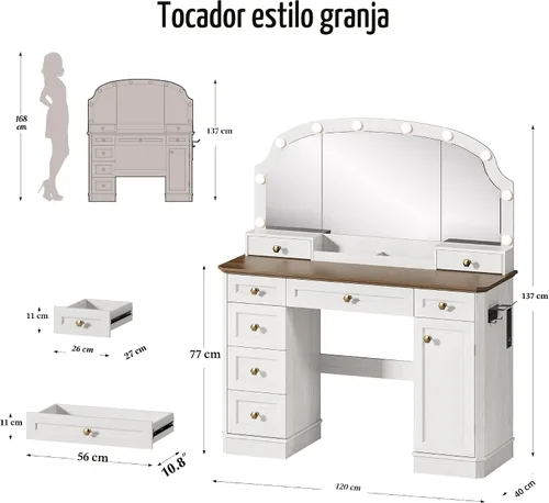 Miniatura 2 de Escritorio de maquillaje de granja con espejo y luces, mesa de tocador de 47 pulgadas con 8 cajones de almacenamiento, 1 gabinete y 2 bandejas