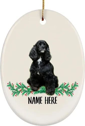 Divertido Cocker Spaniel inglés negro personalizado con nombre para regalo 2024 adornos de árbol de Navidad ovalados de cerámica