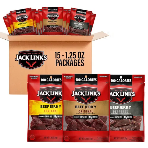Jack Link's Paquete variado de carne seca de res, incluye original, teriyaki y cecina picada, paquete de bocadillos de proteína a granel, buena