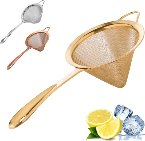 A Bar Above Colador de cóctel de malla fina dorada, tamiz cónico de acero inoxidable 304, elegante herramienta de barman con mango ergonómico para