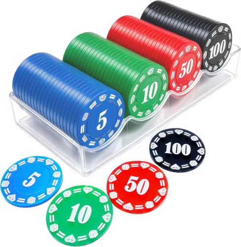 Juego de 100 fichas de póquer de plástico con caja de almacenamiento, denominación impresa estilo casino chip para Texas Home Game Holdem Poker