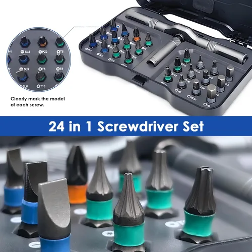 Miniatura 7 de Juego de destornilladores magnéticos de trinquete 24 en 1, juego de destornilladores magnéticos para bricolaje con mango desmontable y multibroca