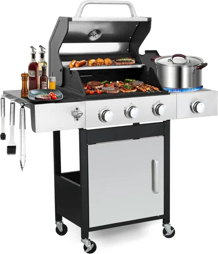 Miniatura 8 de Parrilla de gas de propano con 4 quemadores Parrilla de hierro fundido de 49,000 BTU, almacenamiento, quemador lateral, bandeja de goteo de aceite
