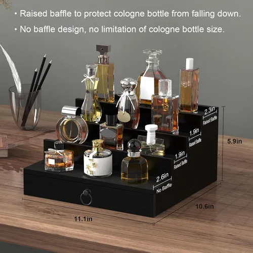 Miniatura 5 de Organizador de colonia upcessory para hombres, organizador de perfume de madera negra de 4 niveles con cajón forrado de fieltro y compartimento