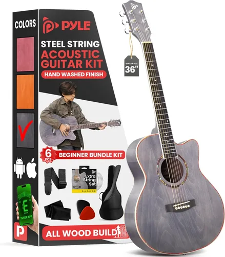 Miniatura 12 de Pyle Kit de guitarra acústica, 3/4 tamaño junior, instrumento de cuerdas de acero totalmente de madera para niños principiantes, adultos, 36 Gris