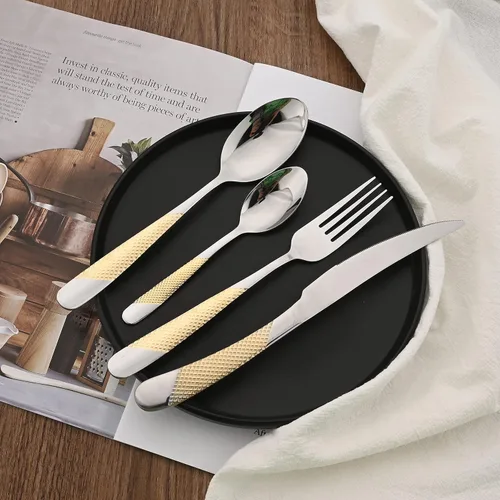 Miniatura 3 de Juego de cubiertos de 16 piezas de acero inoxidable 18/0 plateado con mango dorado, multiuso para el hogar, cocina, restaurante, hotel, servicio