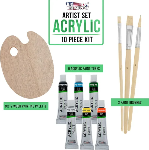 Miniatura 2 de US Art Supply - Set de paleta de madera con 6 unidades de acrílico y set de 3 unidades de brochas.