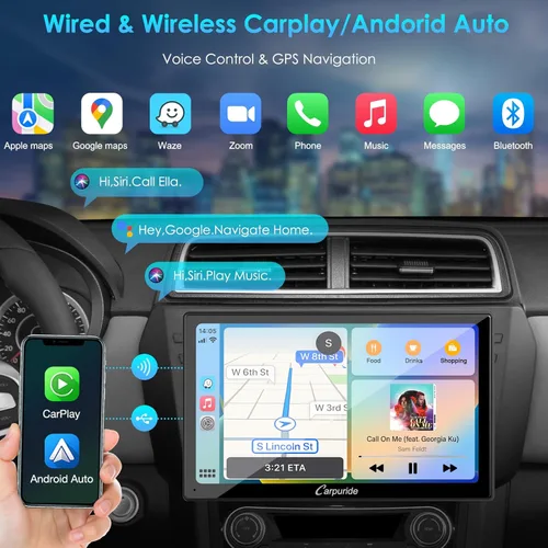 Miniatura 2 de Carpuride Estéreo de auto doble DIN con CarPlay y Android Auto Radio para automóvil de 9 pulgadas, pantalla táctil flotante HD, receptores de audio