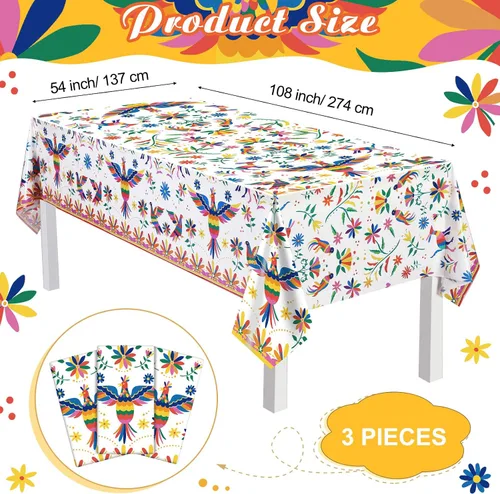 Miniatura 2 de Frienda 3 manteles de plástico para decoración de fiesta mexicana de 54 x 108 pulgadas, manteles desechables florales mexicanos para suministros