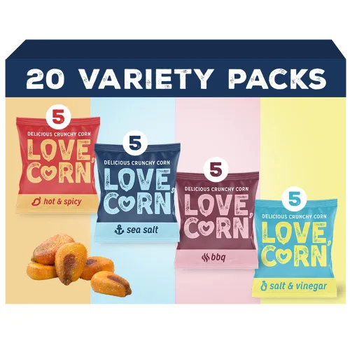 LOVE CORN Sal marina, barbacoa ahumada, sal y vinagre, Habanero | Delicioso bocadillo de maíz crujiente | Paquete variado Fab Four | Bolsas de 0.7