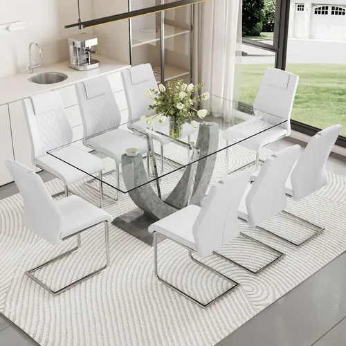 Miniatura 13 de Juego de mesa de comedor de cristal para 6, juego de mesa de cocina de 7 piezas con 6 sillas, mesa de vidrio templado de 71 pulgadas con sillas