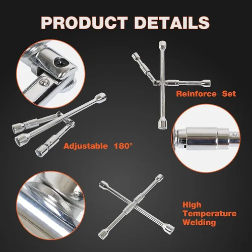 Miniatura 4 de Jack Boss Llave de llanta plegable de 4 vías, 14 pulgadas SAE + llave cruzada de neumático métrico universal y plegable para automóvil, camiones..