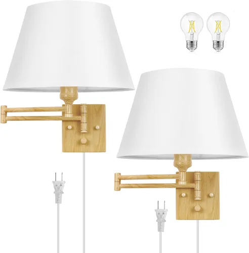 Miniatura 11 de TRLIFE - Apliques de pared regulables enchufables, juego de 2 apliques de pared de latón cepillado con brazo oscilante con cable de enchufe y Dorado