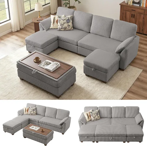 Miniatura 13 de Sofá en forma de U de 102.3 pulgadas con 2 otomanas móviles y 1 mesa auxiliar, se convierte en sofá cama, incluye 2 almohadas para reposabrazos