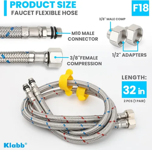 Miniatura 3 de Klabb Línea de suministro de grifo trenzado de acero inoxidable de 32 pulgadas, entrada de compresión de 3/8 pulgadas con adaptador de 1/2 pulgada