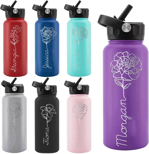 Miniatura 24 de Personalized Water Bottles, Custom Water Bottle with Birth Month Flower Personalized Text Names, Gifts for Women, Customized Engraved Stainless