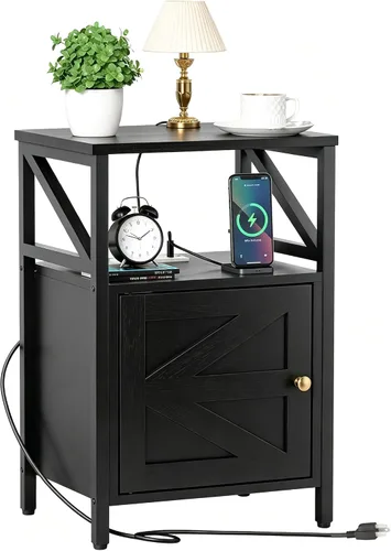 Miniatura 9 de Mesa Auxiliar Estrecha Estilo Granja con Estación de Carga - Mesa Lateral de 3 Niveles con USB y Enchufes, Mesa de Noche Compacta de Almacenamiento