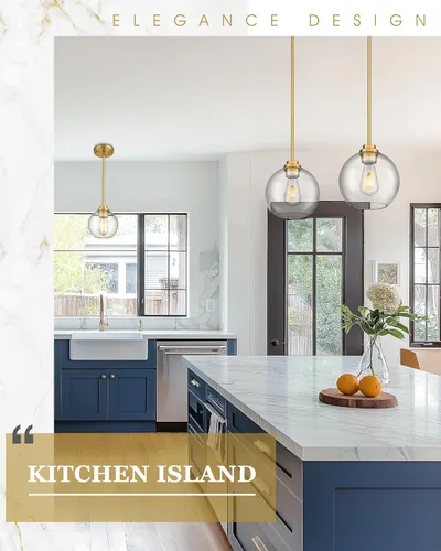 Miniatura 6 de Luces Colgantes de Latón para Isla de Cocina Paquete de 2, Luz Colgante Dorada Estilo Granja con Pantalla de Globo de Vidrio Transparente