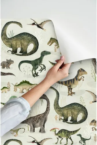 Miniatura 3 de Spoonflower Papel tapiz para despegar y pegar - Dinosaurios grandes Verde Niños Gris Animales Niños Ilustración Dino Papel pintado extraíble