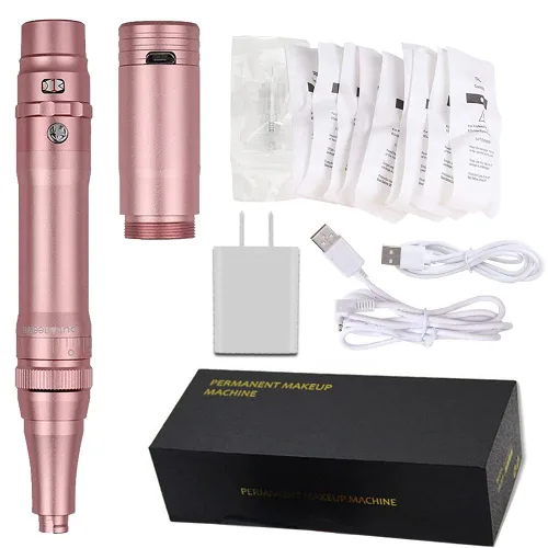 Maquillaje permanente Rotary Tattoo Machine Máquina de cejas con 10 agujas para cejas, labios, delineadores de ojos B950b (oro rosa)
