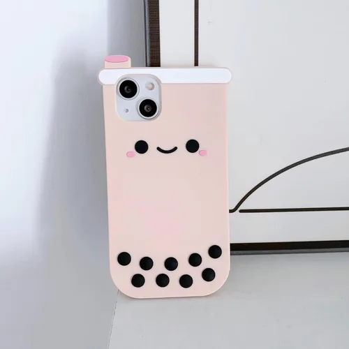 Miniatura 6 de Funda de silicona suave con diseño de té Boba 3D para iPhone 13/iPhone 14 de 6.1 pulgadas, diseño de dibujos animados de kawaii, cara sonriente, té