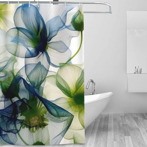 Miniatura 2 de YLATY2774 - Cortina de ducha de flores abstractas para baño, juego de cortina de ducha bohemia floral azul y verde, tela transparente, moderna