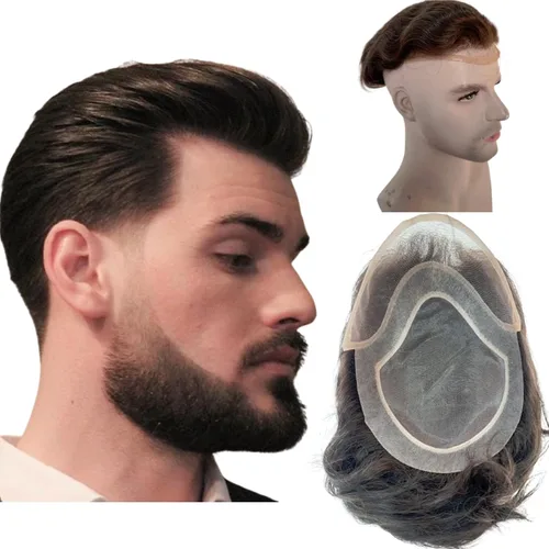 Miniatura 19 de Voloria Red de monofilamento de tupé para hombre con PU alrededor de la base de cabello humano virgen europeo encaje frontal para hombre postizo 10%