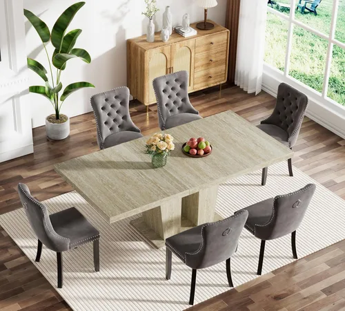 Miniatura 92 de Juego de mesa de comedor extensible marrón de 63 a 78.74 pulgadas para 4, juego de mesa de comedor de 5 piezas con 4 sillas, mesa de cocina