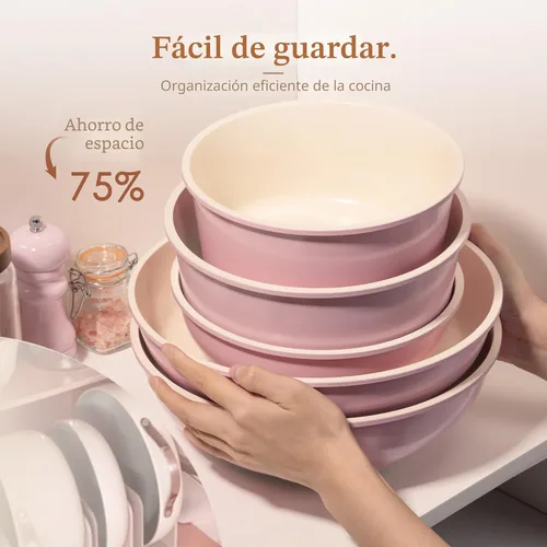 Miniatura 6 de Astercook Juego de 21 ollas y sartenes antiadherentes, juego de utensilios de cocina de cerámica, mango desmontable, juego de cocina de Rosa