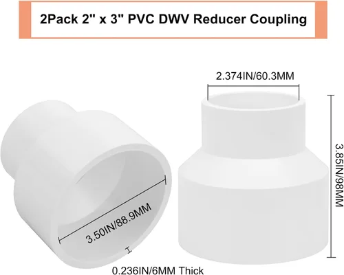 Miniatura 2 de Paquete de 2 adaptadores de acoplamiento reductor de PVC DWV de 3 x 2 pulgadas (enchufe x zócalo) Schedule 40 PVC DWV Reductor Acoplamiento