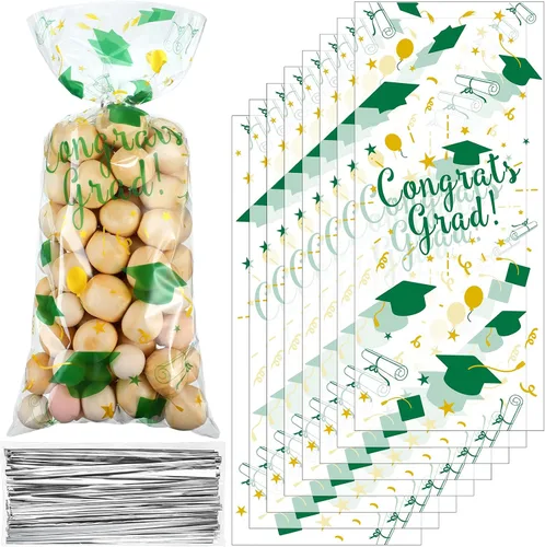Miniatura 7 de Blulu 100 bolsas de celofán de graduación, felicitaciones para graduados, bolsas de regalo de plástico con 100 lazos giratorios plateados para Negro