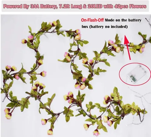 Miniatura 5 de Fielegen Guirnalda de 20 luces LED de flores artificiales de 7.2 pies con pilas, guirnalda de flores artificiales con luces de vid de rosas