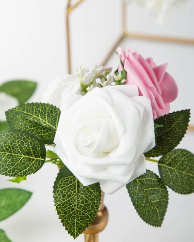 Miniatura 3 de DuHouse 25 rosas artificiales con tallos, flores de espuma de tacto real para bricolaje, ramo de boda, centro de mesa, arreglo floral, fiesta, Blanco