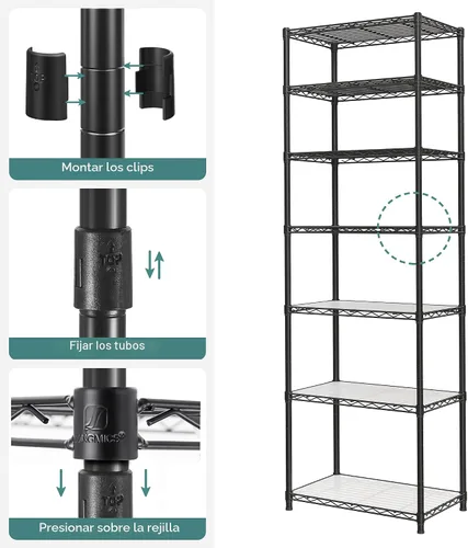Miniatura 6 de SONGMICS Unidad de almacenamiento de 7 niveles, estantería de alambre, estante de metal de cocina con estantes ajustables, revestimientos de Negro