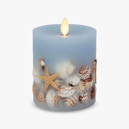 Luminara Vela LED sin llama, de cambray suave, incrustada en concha y estrella de mar, pilar de llama móvil, cera real sin perfume con borde