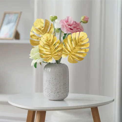 Miniatura 4 de KIMOBER 24 piezas Hojas de palma artificiales doradas, tamaños mixtos, hojas de monstera tropicales doradas falsas, plantas artificiales realistas