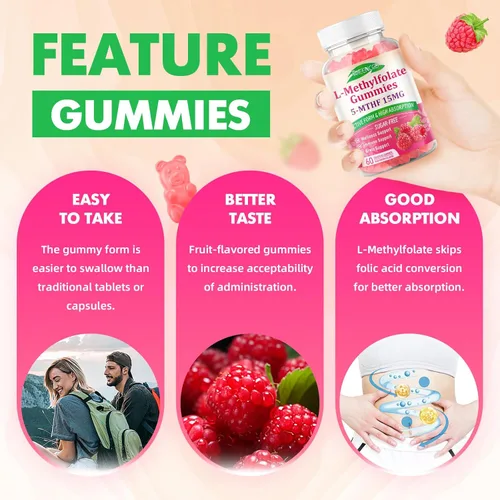 Miniatura 5 de MEENCCD Gomitas de L-metilfolato, suplemento de metilfolato, suplemento 5-MTHF - Active 5-MTHF - Apoya el bienestar general, vegano, sabor a