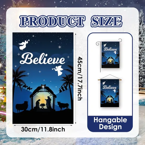 Miniatura 2 de Bandera de Jardín Navideña de 12 x 18 Pulgadas Believe Jesus Decoraciones de Invierno - Bandera de Patio de Vacaciones de Granja Rústica de Noche