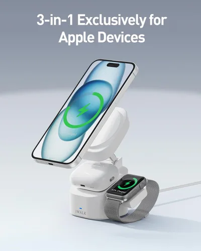 Miniatura 2 de iWALK Soporte de carga inalámbrico magnético 3 en 1, estación de carga plegable de 15 W para iPhone 16/15/14/13/12, Apple Watch y AirPods, base