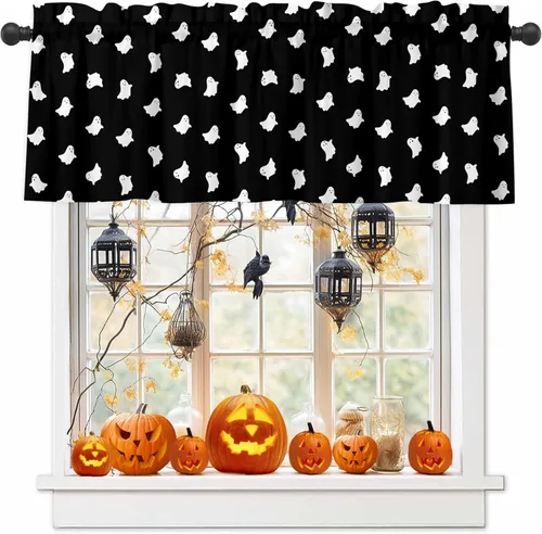 Miniatura 6 de Cenefas de Halloween para ventanas, cortina de calabaza con sombrero de bruja, cortinas cortas con bolsillo para barra, cortinas de cenefa