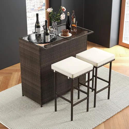 Miniatura 4 de Tangkula Juego de bar para patio, juego de 3 piezas de mimbre de ratán para exteriores con 2 cojines taburetes y mesa superior de cristal, juego