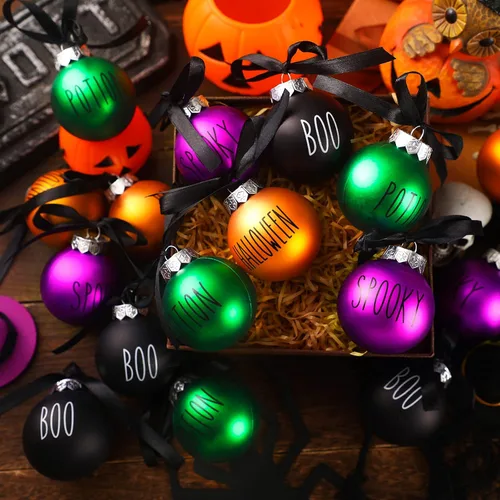 Miniatura 6 de Karenhi 16 adornos de bola de Halloween para árbol, decoraciones de Halloween de 2.4 pulgadas, decoración colgante de plástico para árbol y fiesta