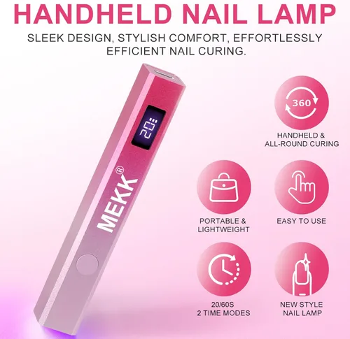Miniatura 7 de MEKK Luz UV de mano de metal para uñas de gel, mini lámpara de uñas LED UV inalámbrica con pantalla LED y lámpara de curación flash alimentada por