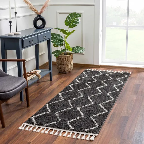 Miniatura 34 de Hauteloom, Duncans - Alfombra de estilo granja de pelo mullido para sala y dormitorio, con borlas - Beige, carbón, gris - 2 pies 7 pulgadas x 7 pies
