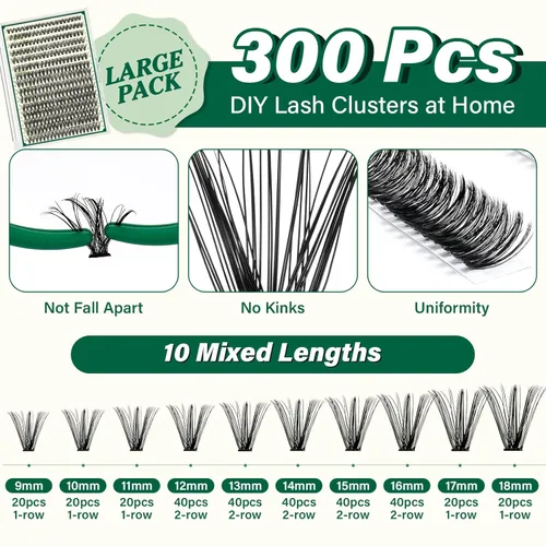 Miniatura 4 de Kit de extensión de pestañas DIY de KEYYOU, 300 piezas de racimos de pestañas, kit de extensión de pestañas con 40D de rizado C, 9-18MIX de racimos
