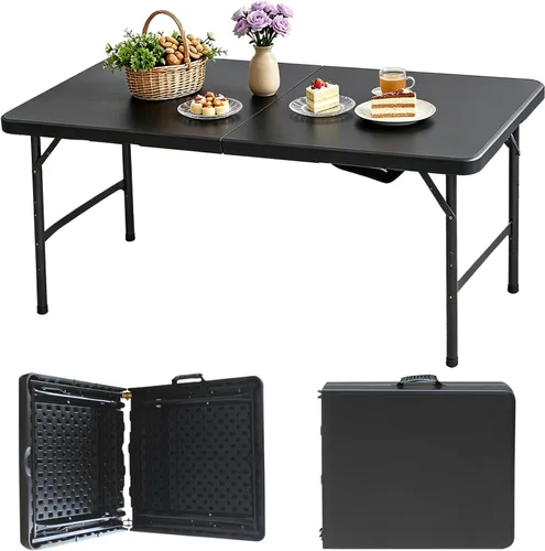 Mesa plegable portátil de plástico de 4 pies/6 pies/8 pies, mesa de picnic de comedor resistente en color blanco y negro, plegable a la mitad para